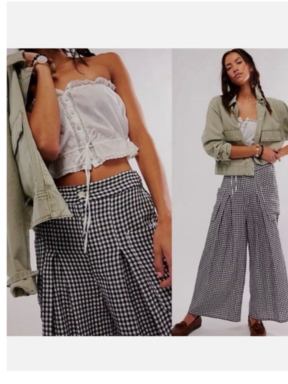 Free People Black & White Gingham Wide-Leg Pants